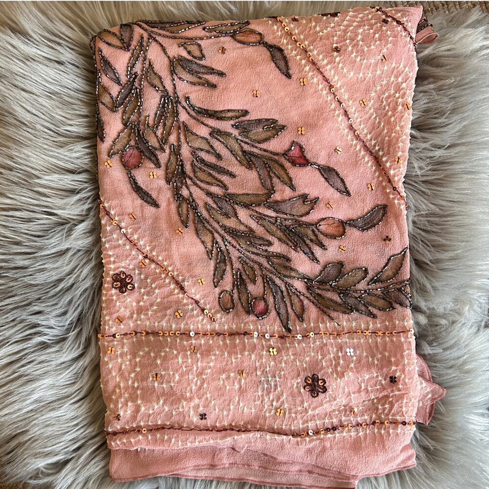 Azmina Vintage 100% Silk Hand Beaded Sequin Scarf Pink Botanical